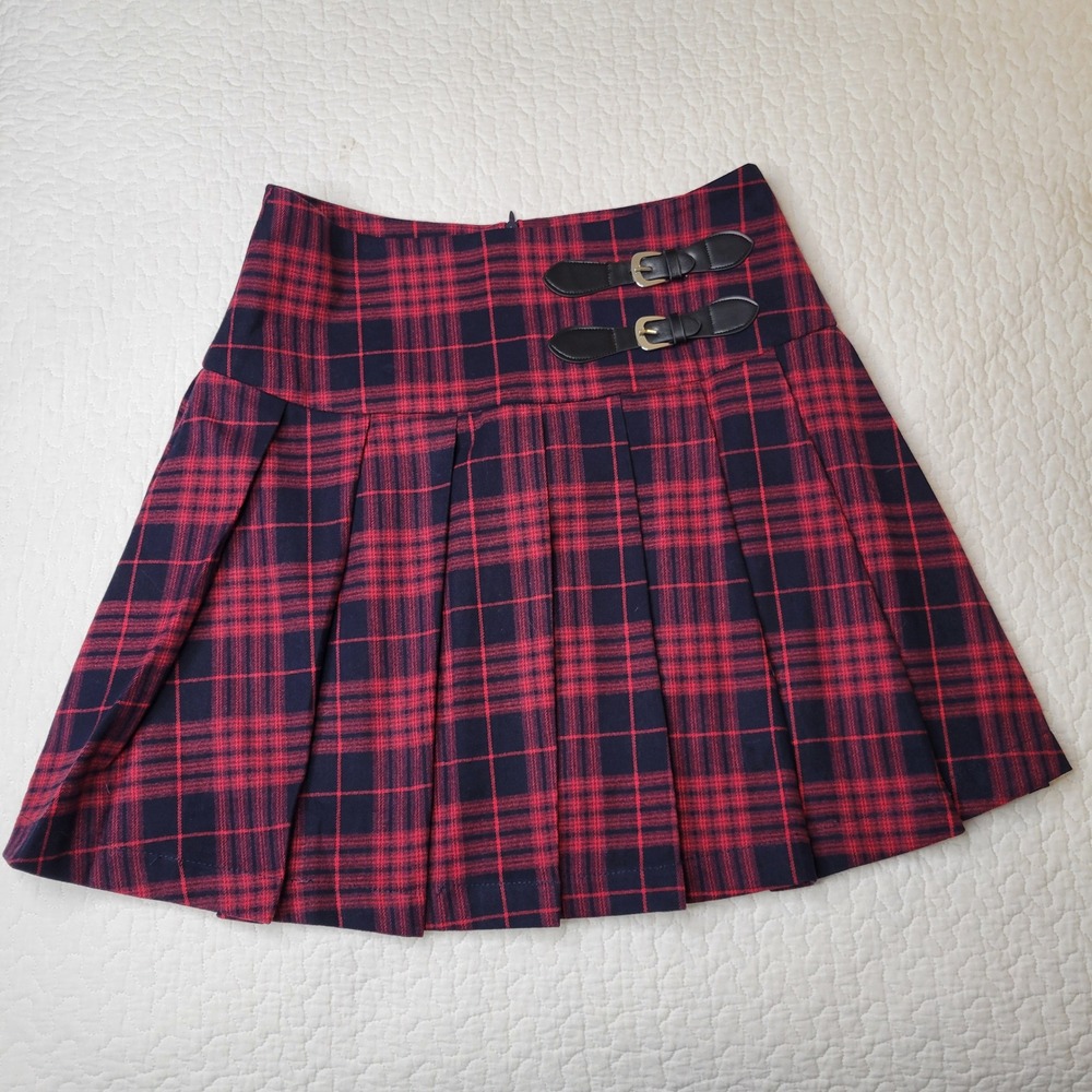 Daphnea Paris Pleated Mini Skirt Womens Small Red Navy Blue Plaid Buckle Detail